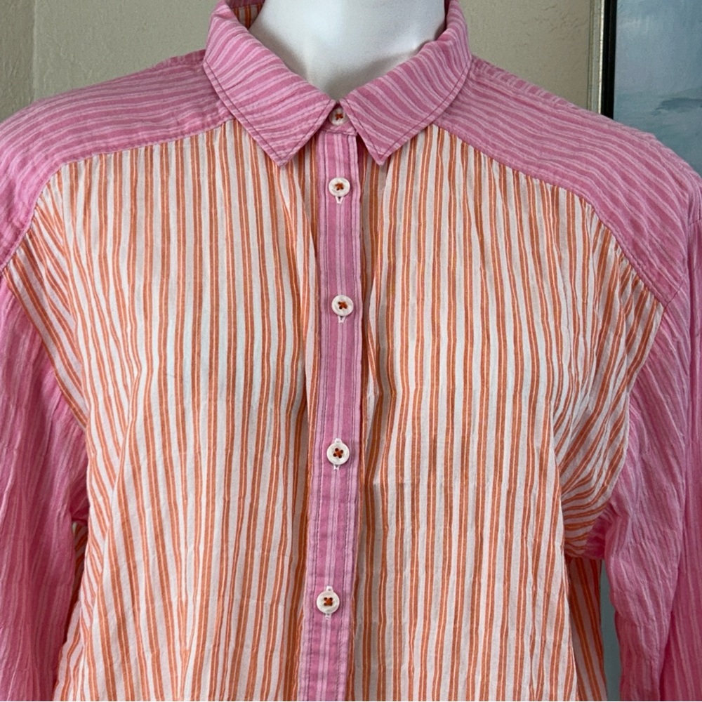 Anthropologie Maeve Button-Front Shirt Pink Orange Striped size med - Picture 3 of 10